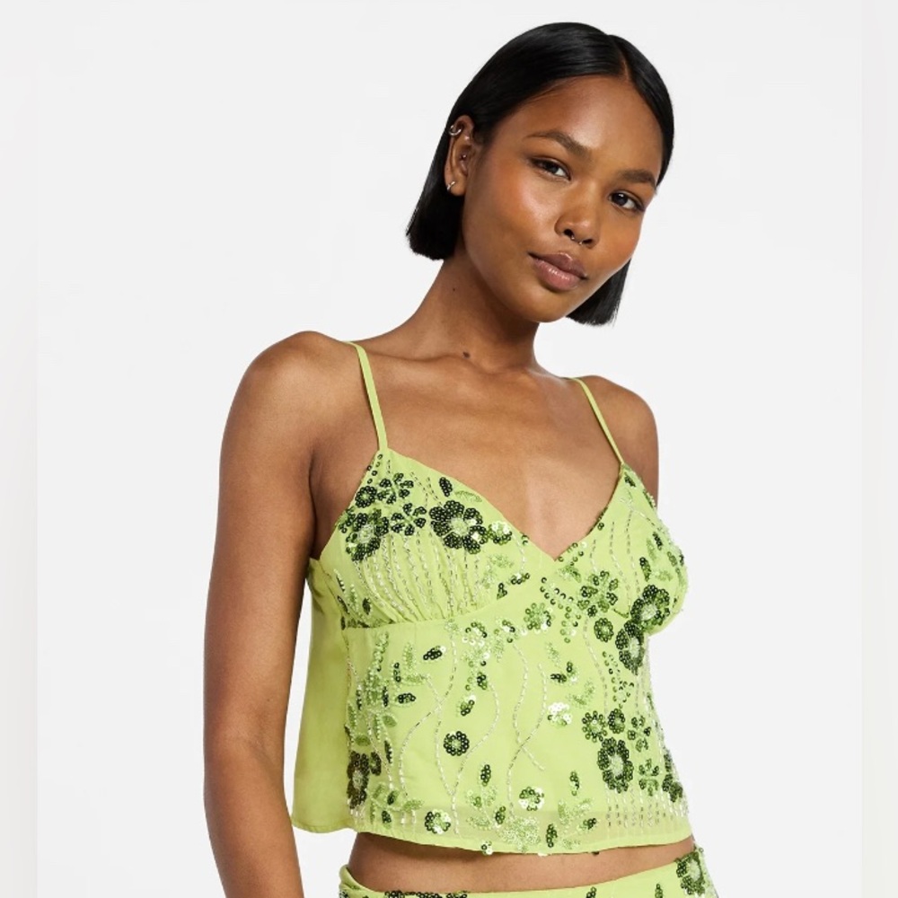 NWT No Boundaries Embellished Sequin Beaded Floral Cami Top XXL 20 Lime Green - Picture 2 of 10